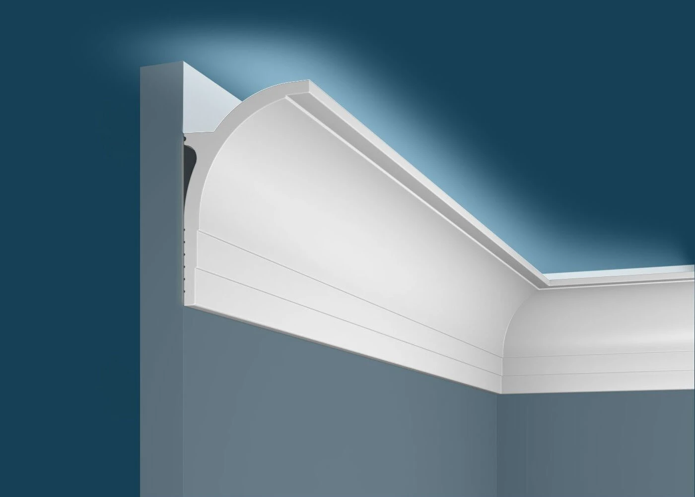 Ideal — Плинтус потолочный дюрополимер Cosca KX045, 85x55x2000мм, Экополимер (Карниз) ударопрочный, Скрытое освещение