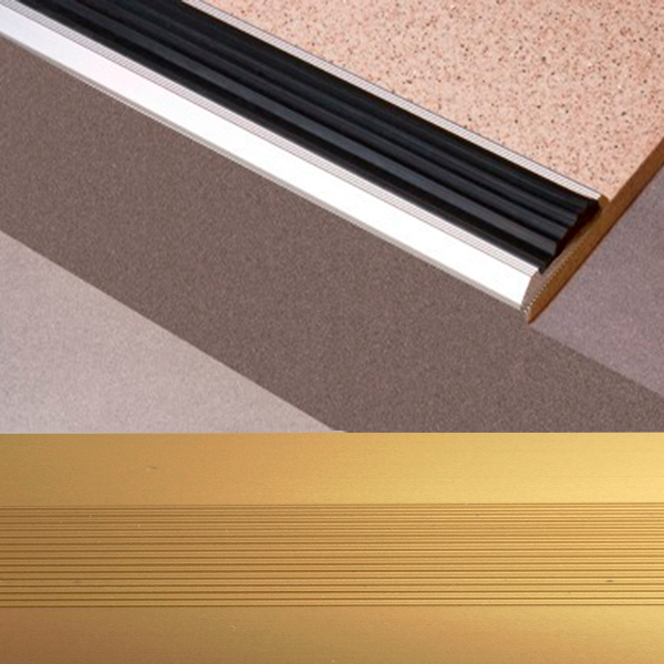 Ideal — Плоский алюминиевый порог Золото 41.7х3.9х1800 мм. Пластал Д15 с резиновой вставкой для защиты ступеней