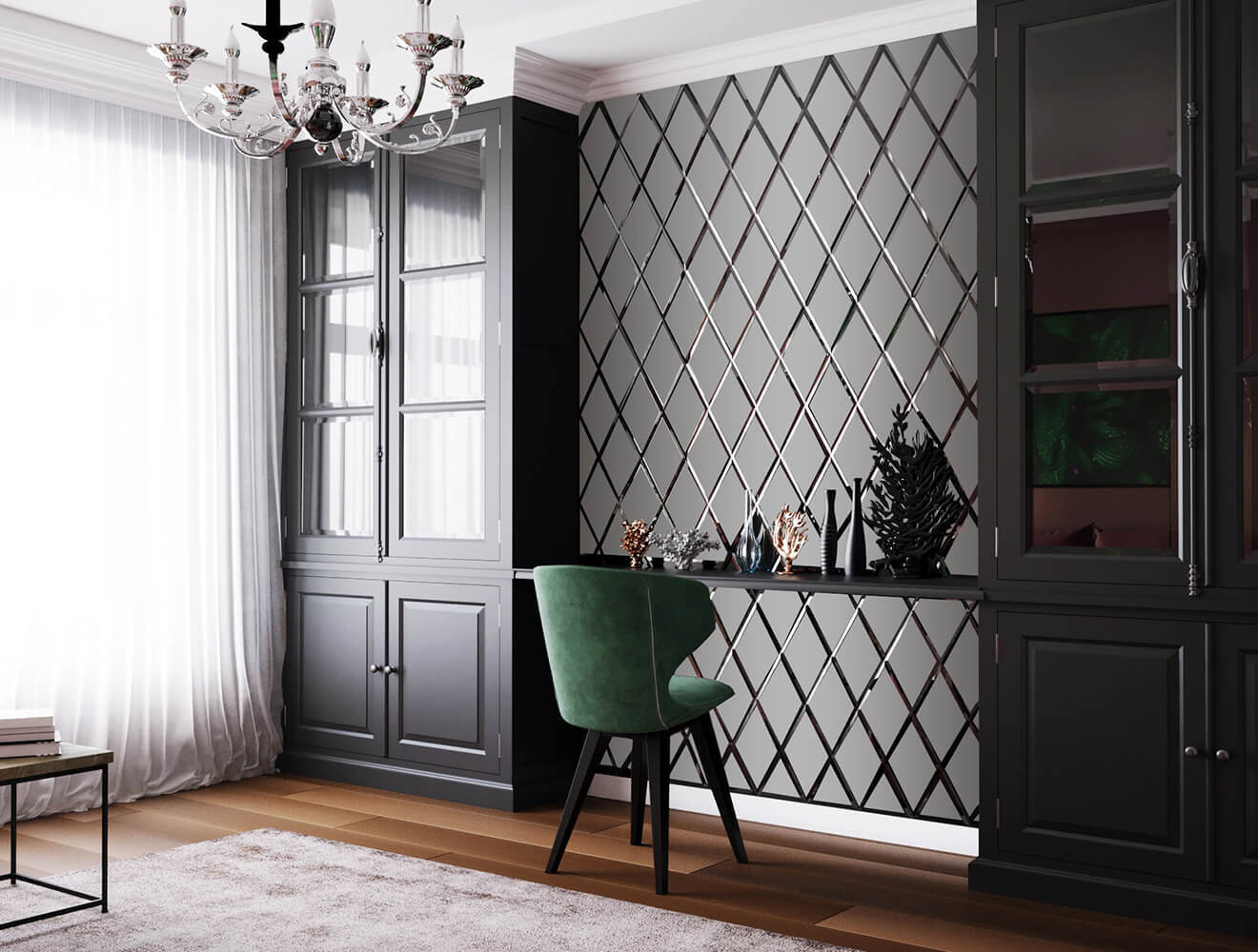 Ideal — Зеркальная панно ромбом с фацетом графит матовый — Ideal, zerkalnaya plitka romby